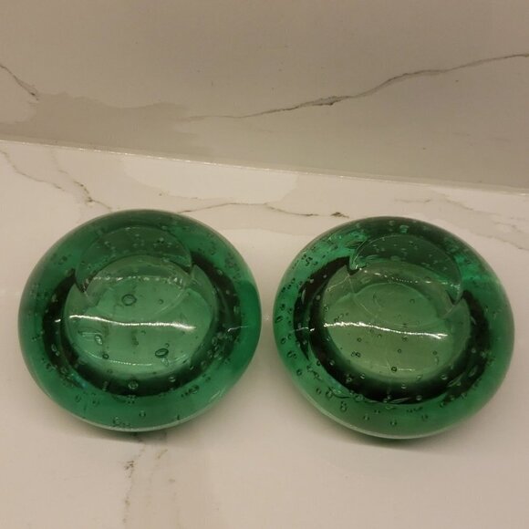 SET of 2 Green Art Glass Bubble Paperweight Tea light Candle  Holder - Picture 5 of 5